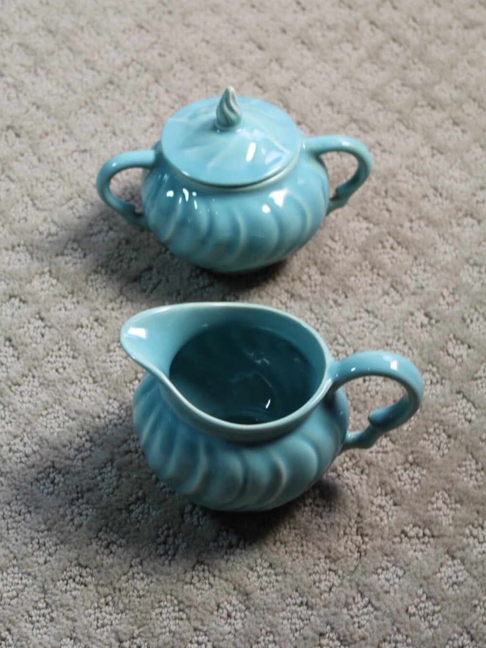 Vtg Franciscan Ware Coronado Swirl Aqua Turquoise Lidded Sugar Bowl & Creamer